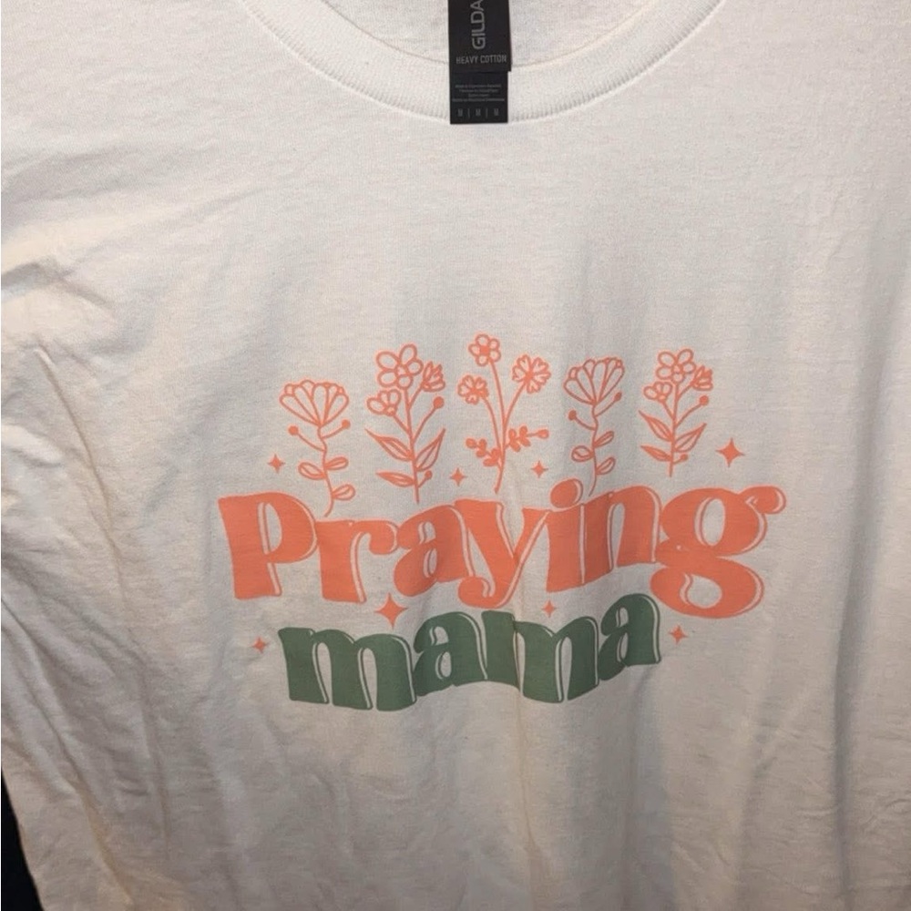Gildan White 'Praying Mama' Tee with Orange and Green Design